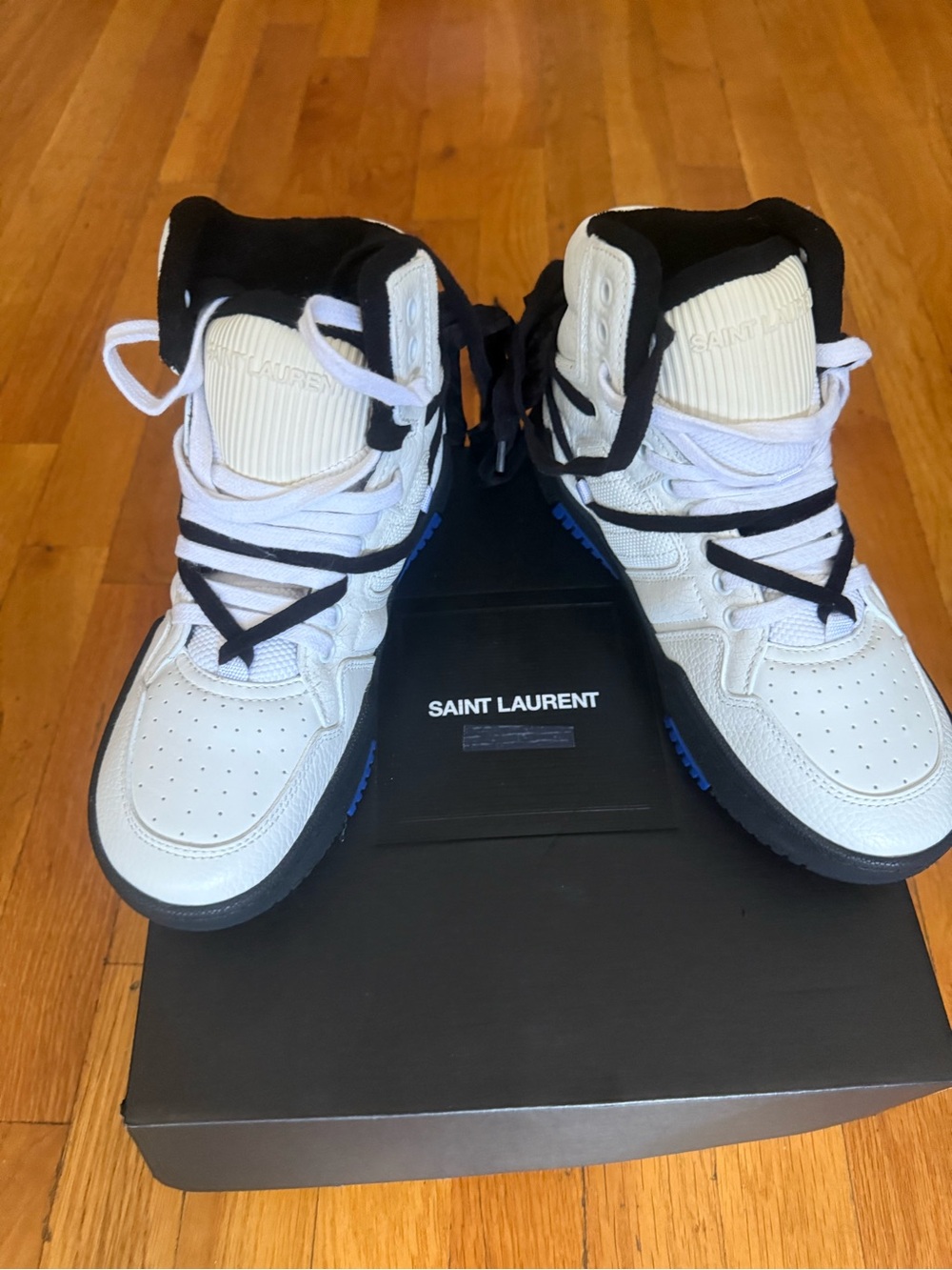Saint Laurent White, Black & Blue High-Top Sneakers